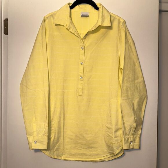 Columbia Women’s Half Button Yellow White Stripe Long Sleeve Blouse Small NWOT - Picture 1 of 11